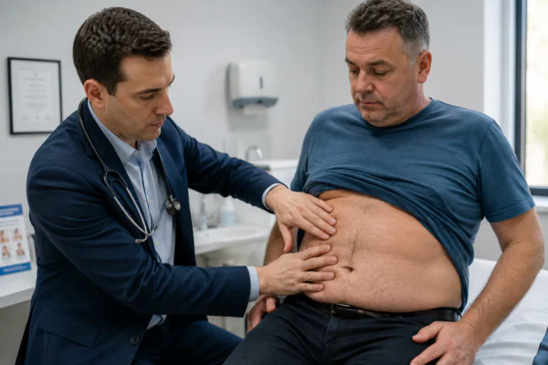 Examining a epigastric hernia patient
